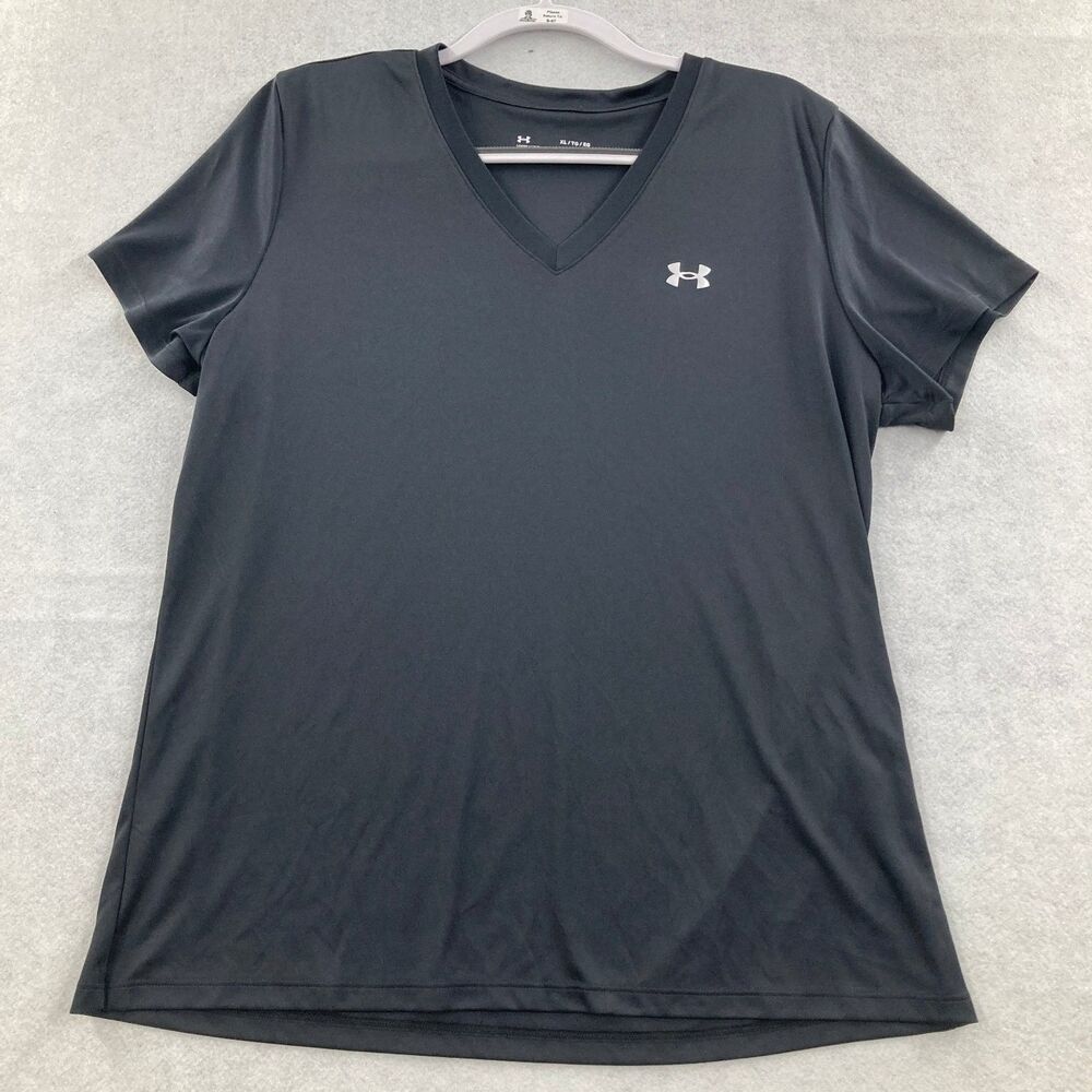 Under Armour Women's XL HeatGear V-Neck Short Sleeve Activewear Top Gray Loose